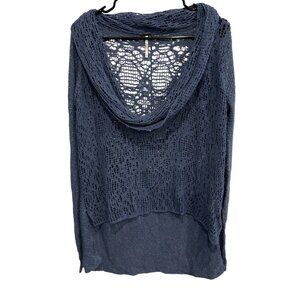 Free People Blue Open Knit Sweater With Cowl Neck Long Sleeves Sz L Boho Beachy